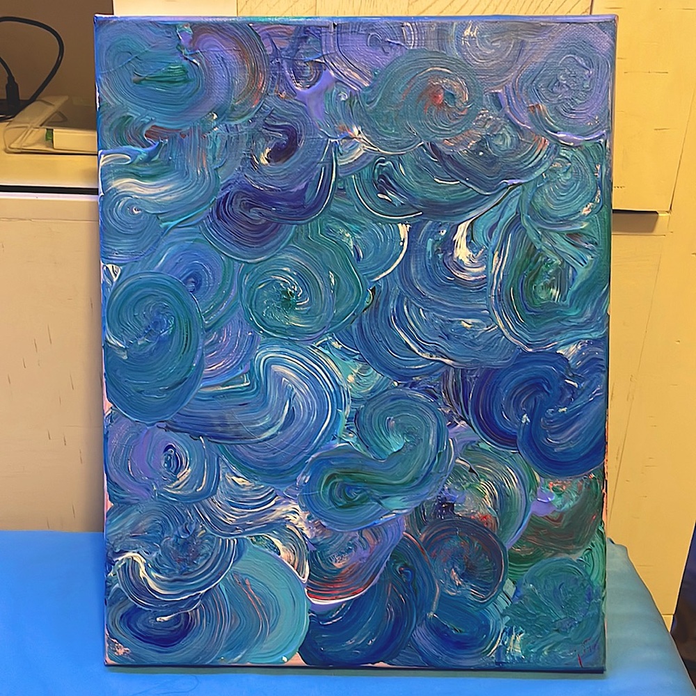 Painting on canvas. Colors: blue,purple,white,red,turquoise,pink,green